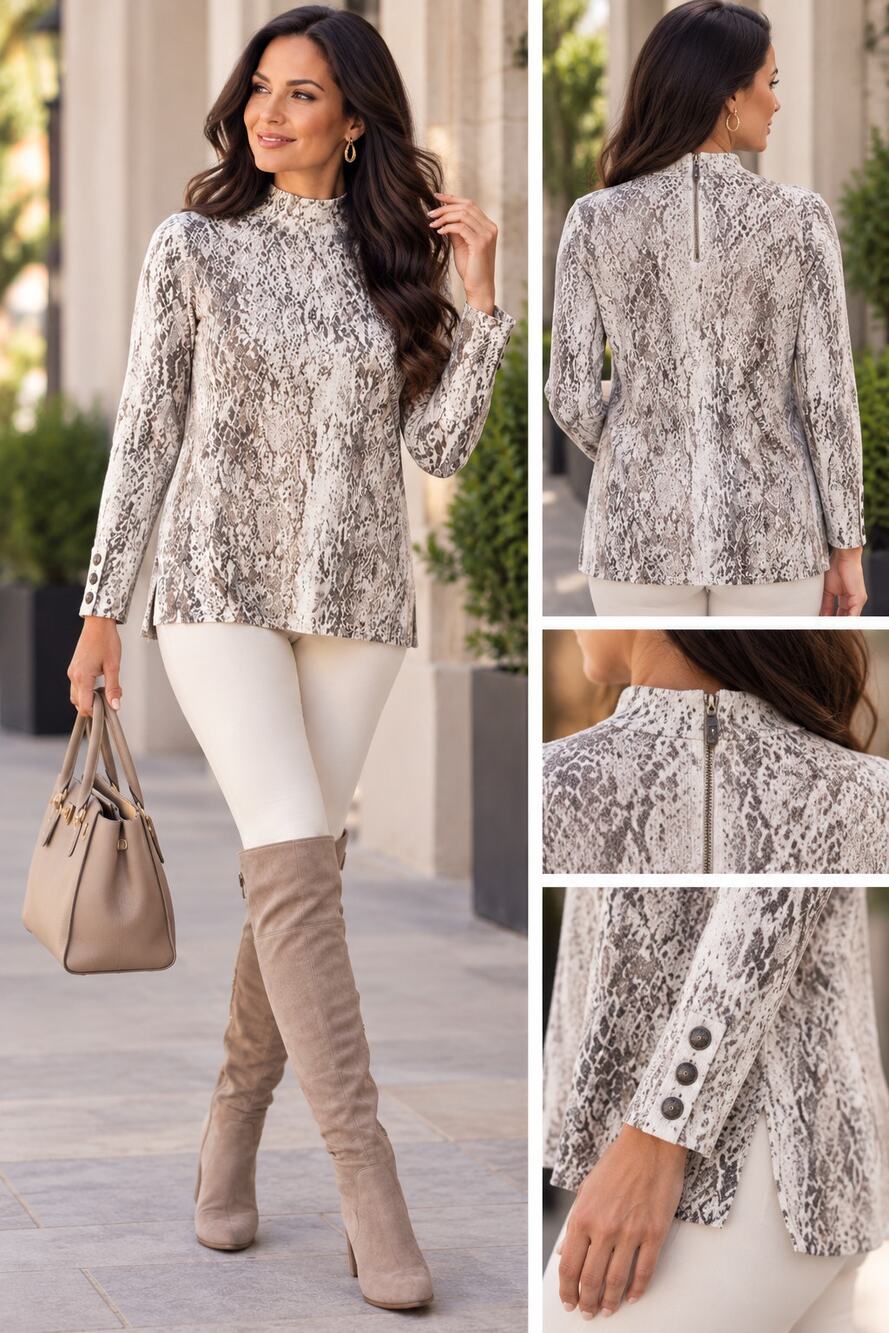 Chico's Mock Neck Snakeskin Print Sweater Size 2 M Gray Taupe Cotton Knit